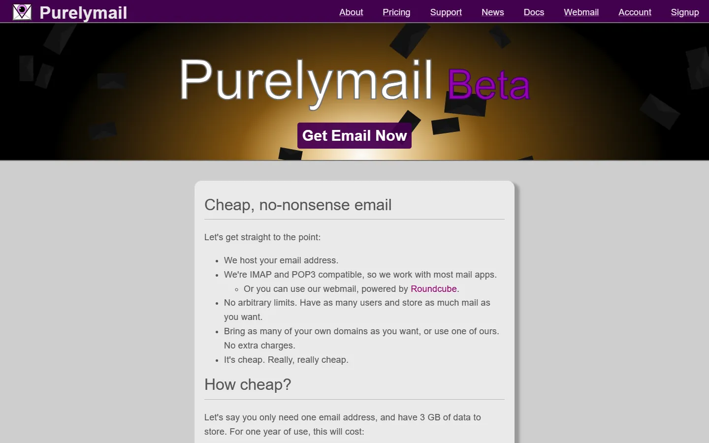 Screenshot of the PurelyMail website for the 2025 review